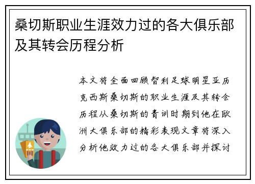 桑切斯职业生涯效力过的各大俱乐部及其转会历程分析